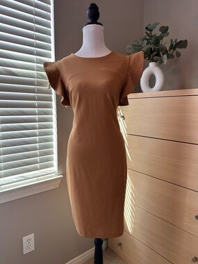 Calvin Klein Caramel Tan Flutter-Sleeve Midi Sheath Dress